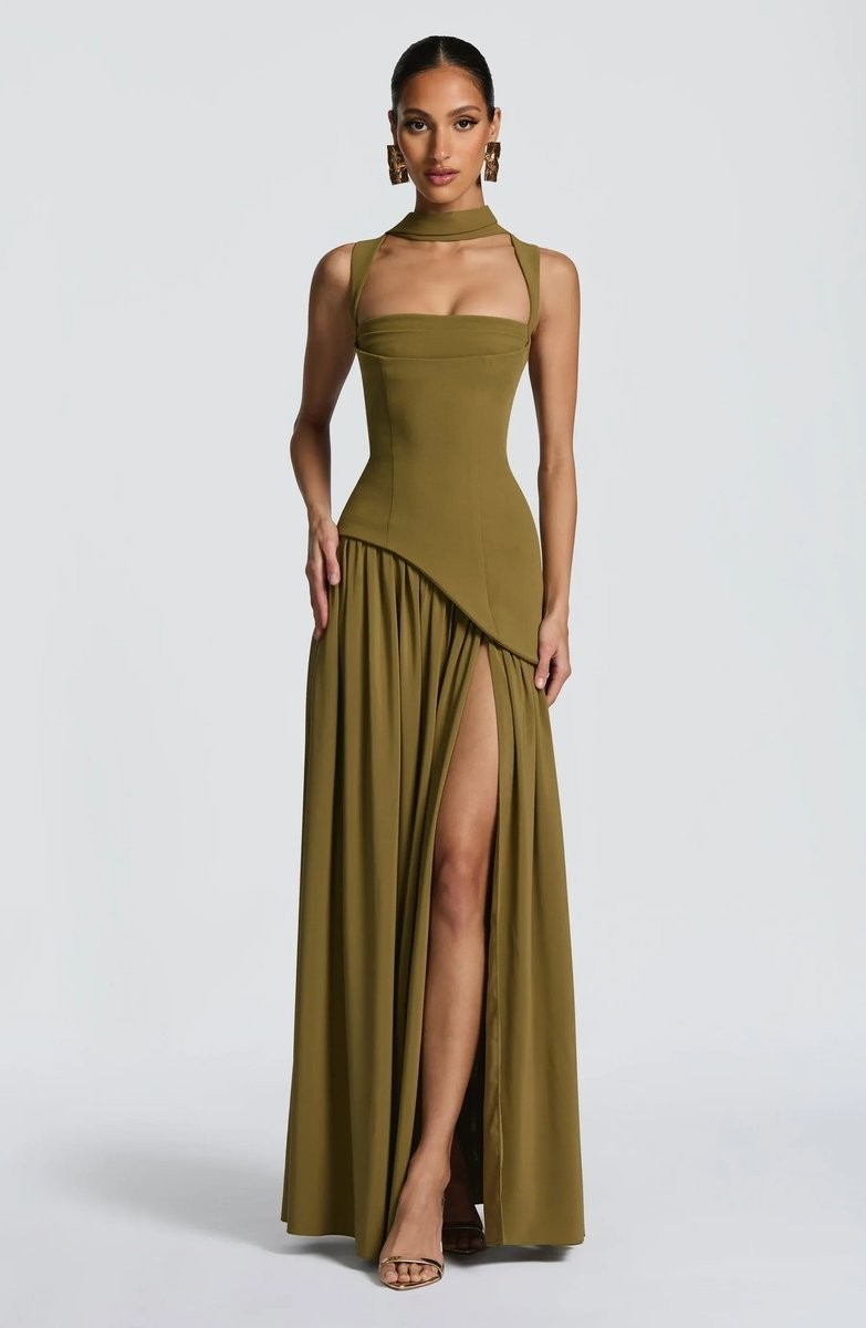 Olive green maxi dress with choker neckline and thigh-high side slit