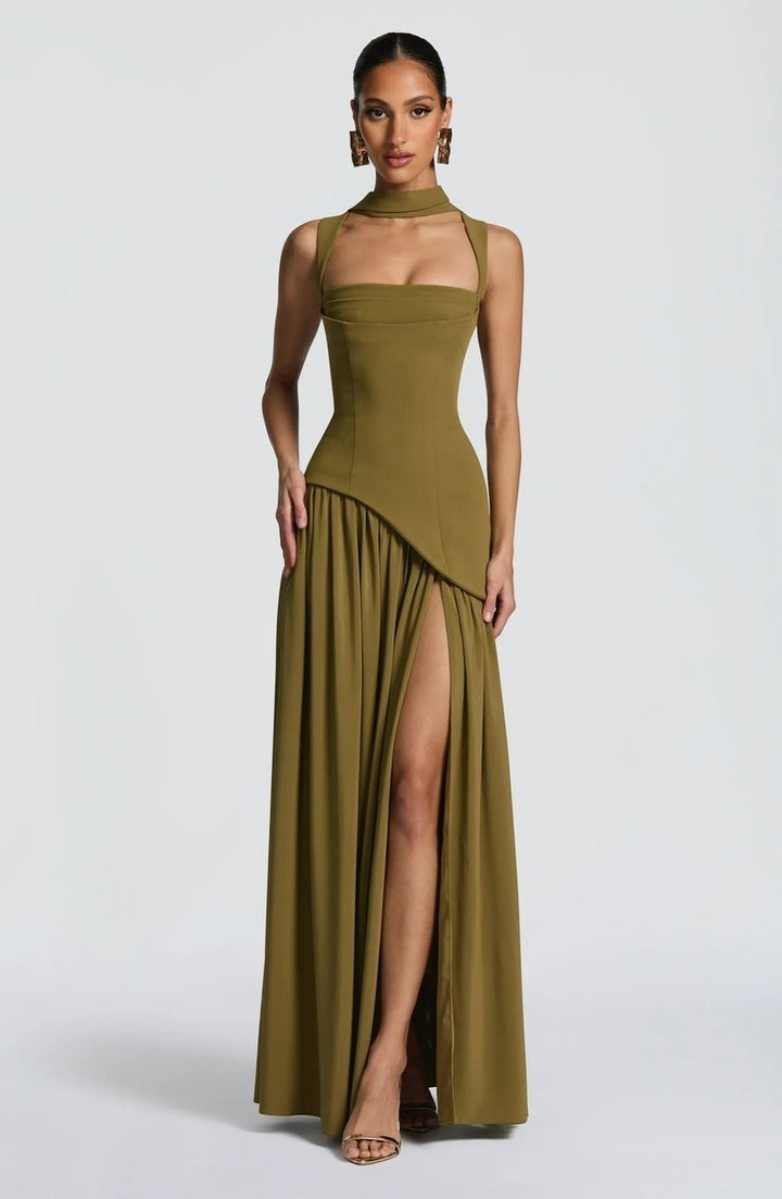 Olive green maxi dress with choker neckline and thigh-high side slit