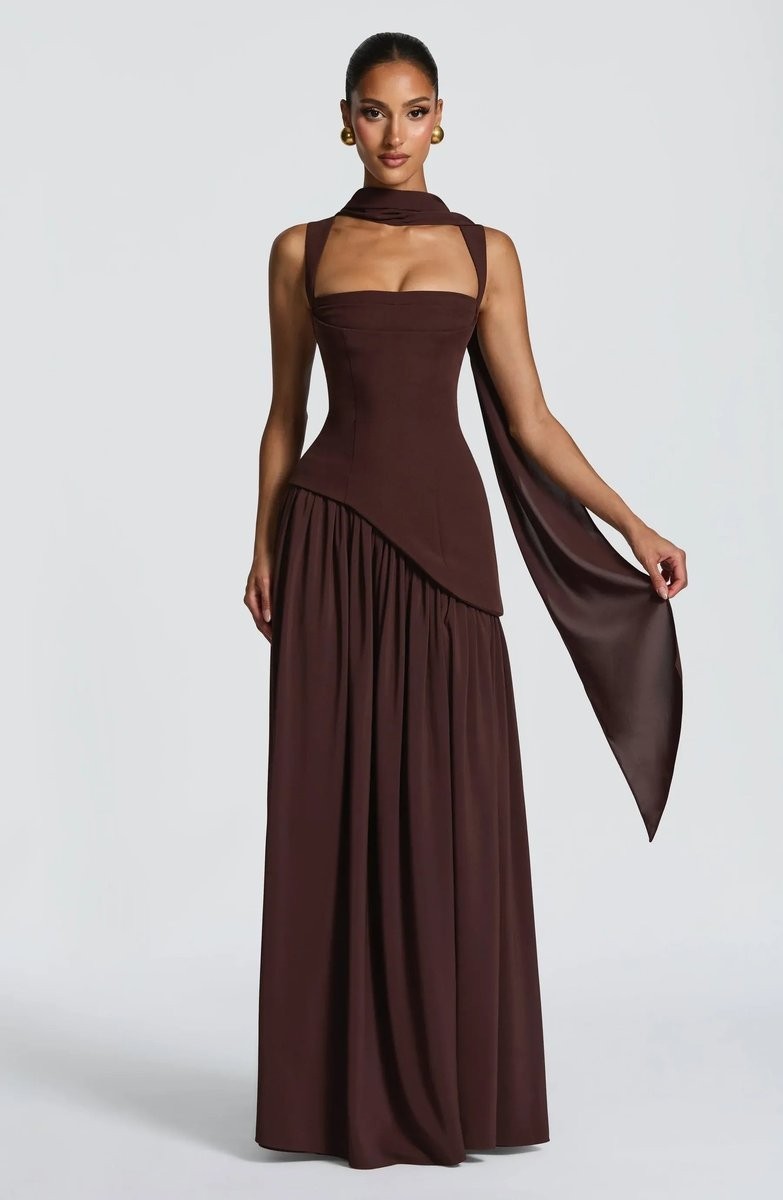 Brown maxi gown with draped scarf strap and asymmetric ruched skirt