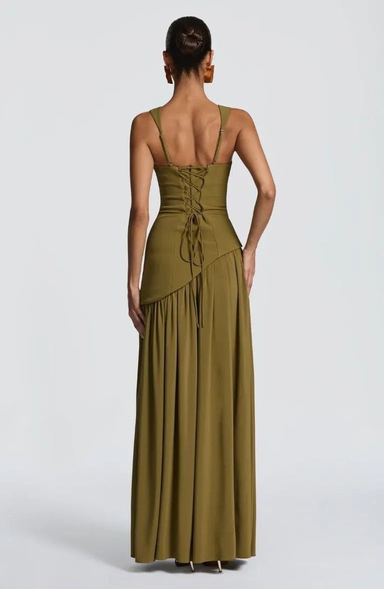 Olive maxi dress back view showing lace-up corset and asymmetric hem