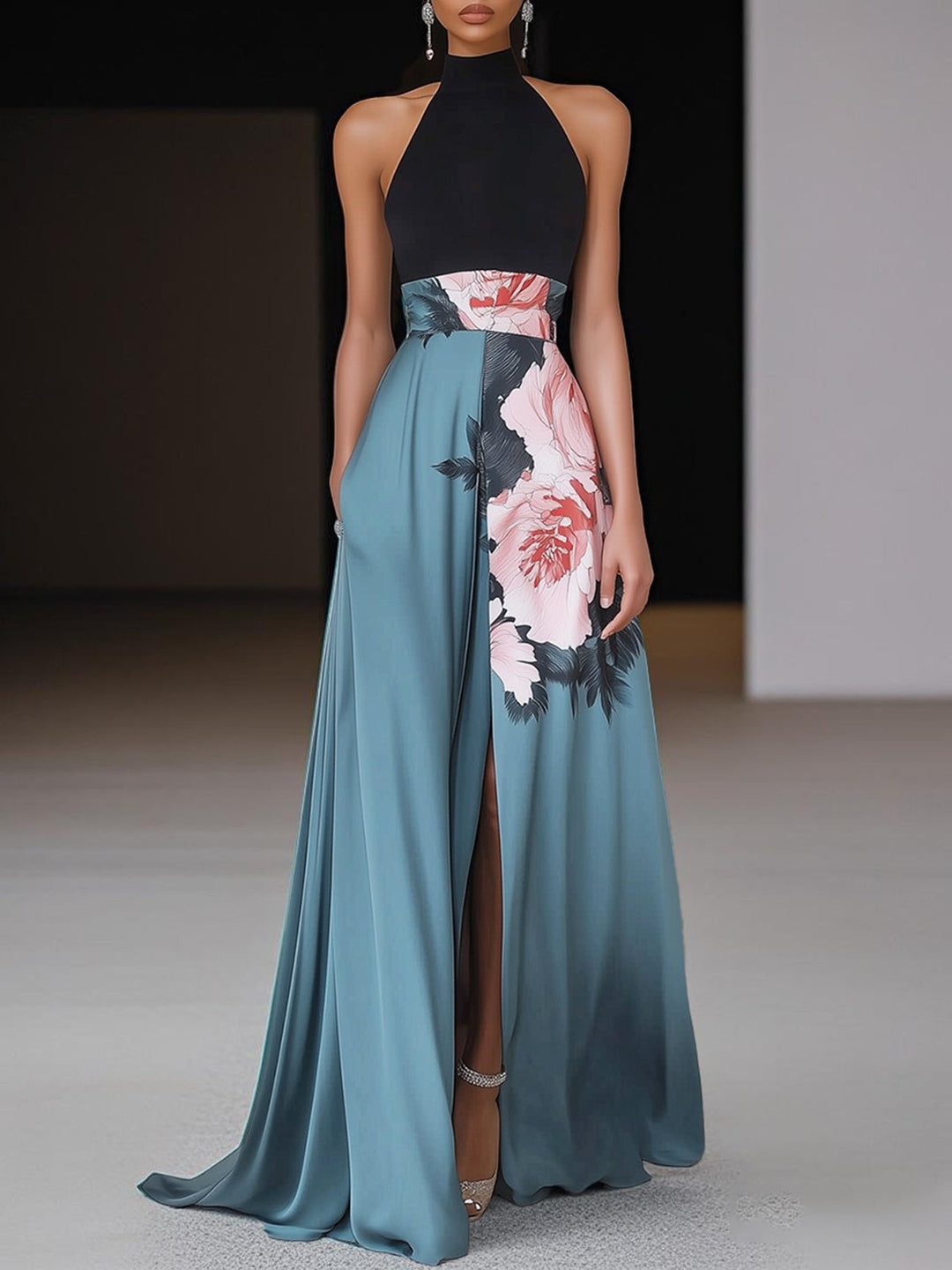 Black halter-neck maxi dress with teal floral print and high leg slit
