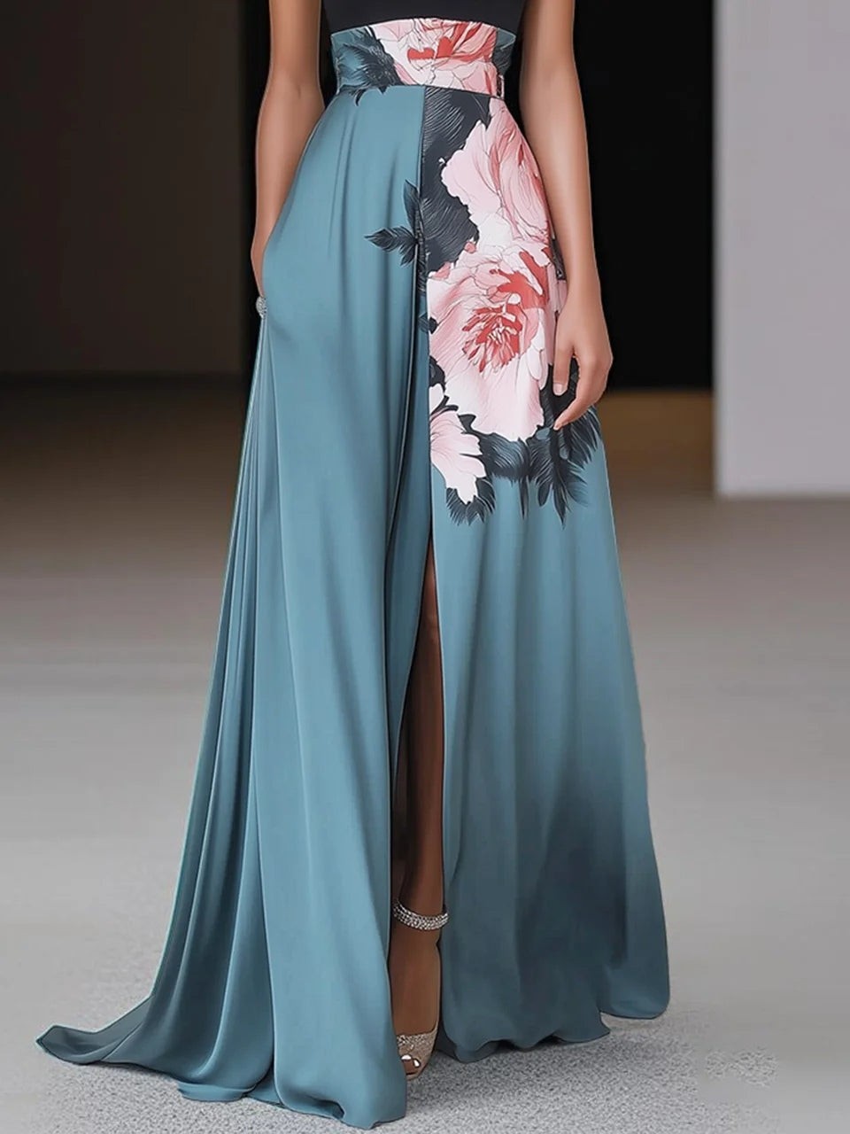 Teal floral maxi dress skirt with high slit and flowing train, rear view