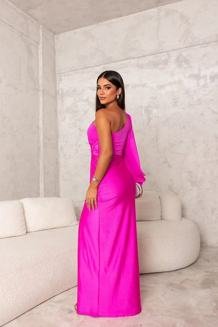 hot pink satin maxi dress back view with sleek one-shoulder design