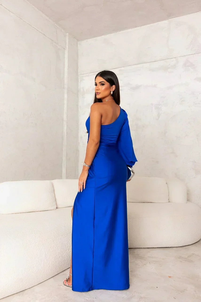 royal blue satin one-shoulder dress back view with flowing sleeve