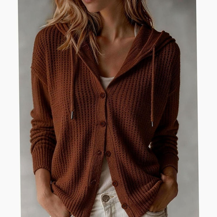 Rust brown waffle-knit cardigan with hood and button-front closure