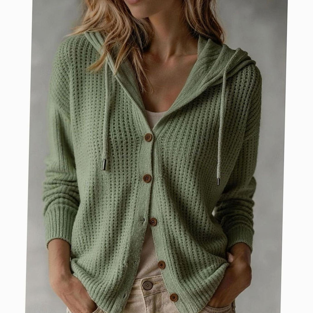 Sage green hooded cardigan featuring waffle knit and wooden buttons