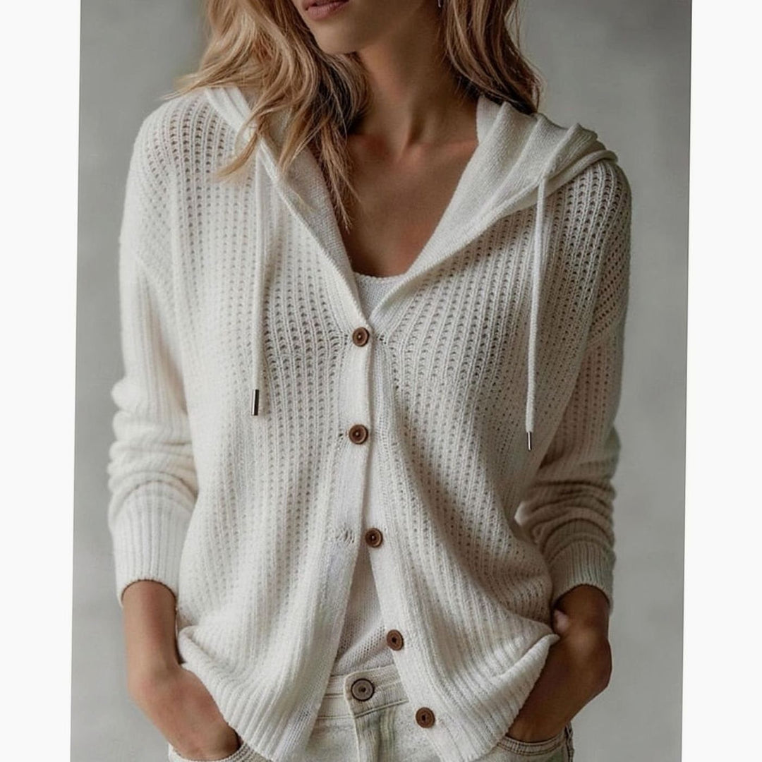 Ivory waffle-knit hooded cardigan with drawstring and button-front detail
