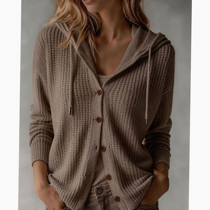 Taupe hooded cardigan showcasing waffle texture and button-front style