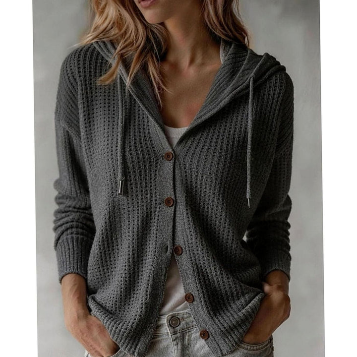 Charcoal gray waffle-knit cardigan with hood and wooden button closure