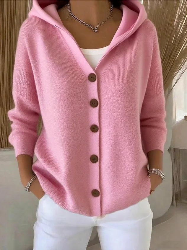 Pink knit hooded cardigan with brown button-front closure