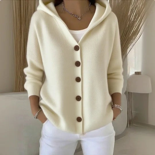Cream knit hooded cardigan featuring wooden button details