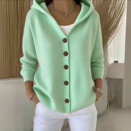 Mint green hooded cardigan sweater with front button placket