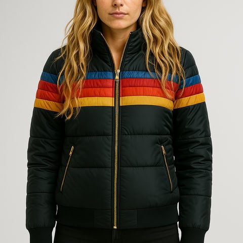 black quilted puffer jacket featuring multicolor chest stripe design
