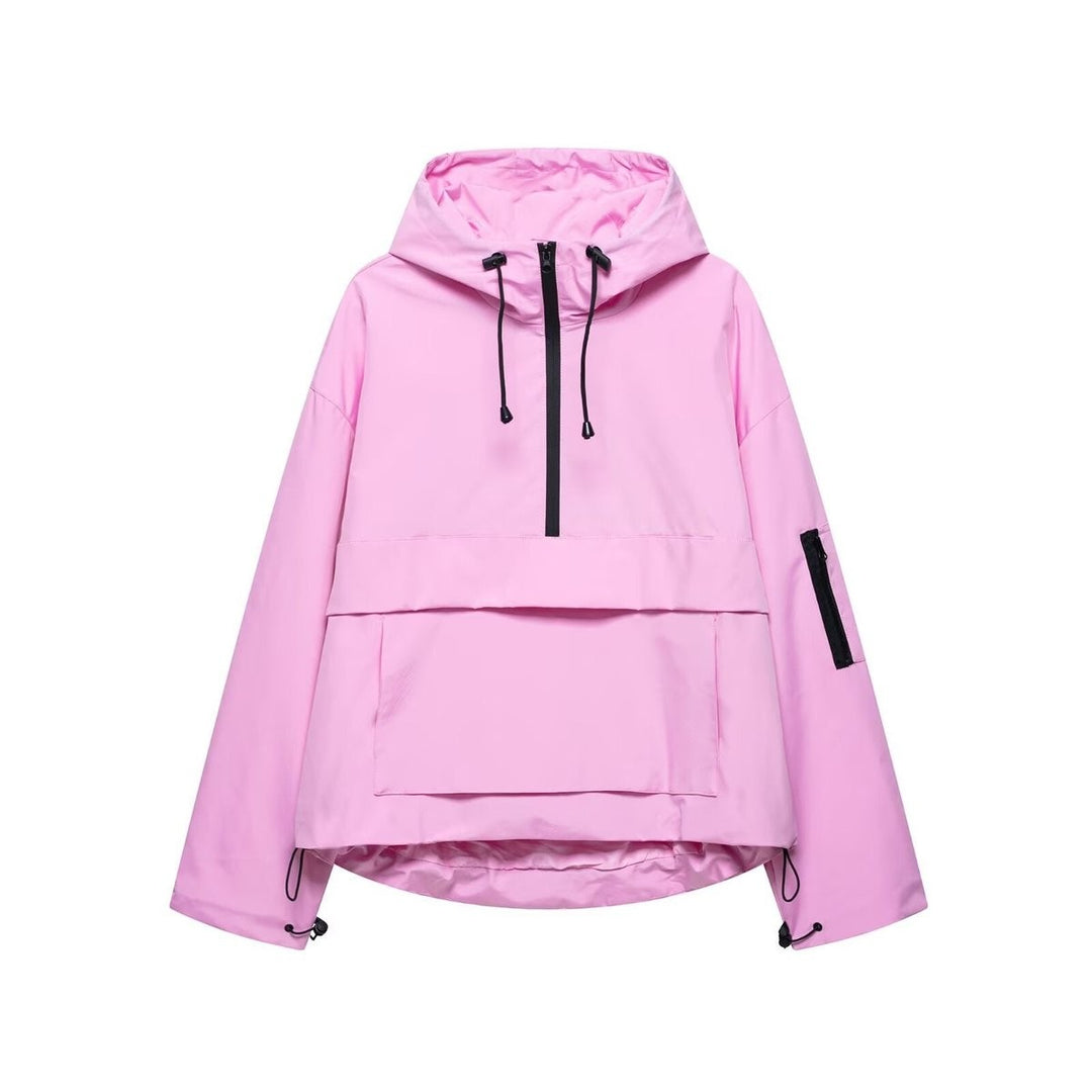 Pink hooded pullover anorak jacket with front pouch pocket and half-zip