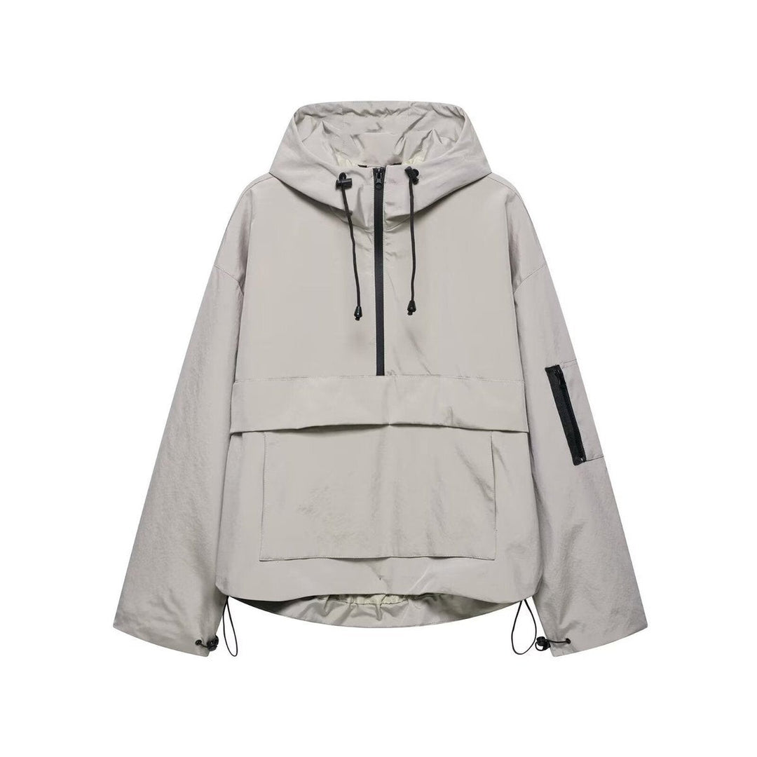 Stone gray quilted pullover anorak with kangaroo pocket and adjustable hem