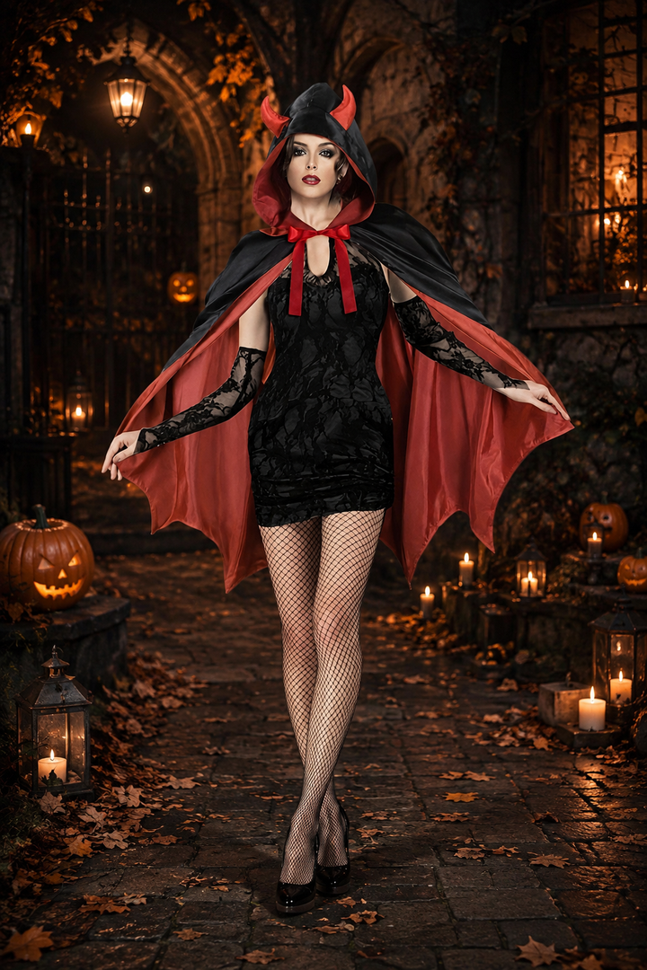 Woman in reversible black and red devil horn hooded cape with lace dress costume