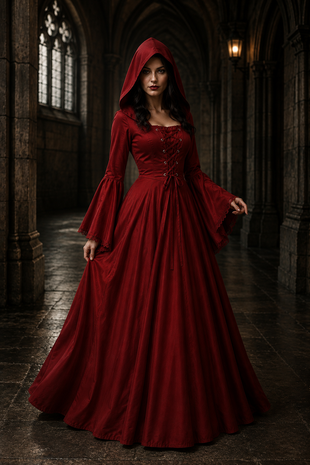 Red hooded medieval dress featuring corset lacing and flared bell sleeves