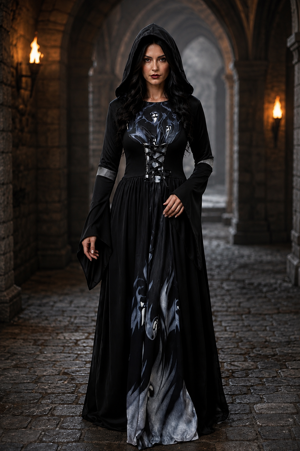 front view of gothic bell sleeve dress with hood and ghost graphic