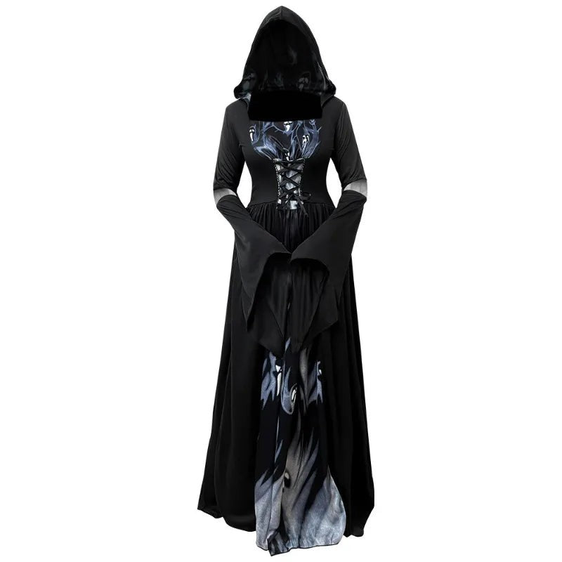 hooded Halloween witch costume dress with corset lacing and flowing sleeves