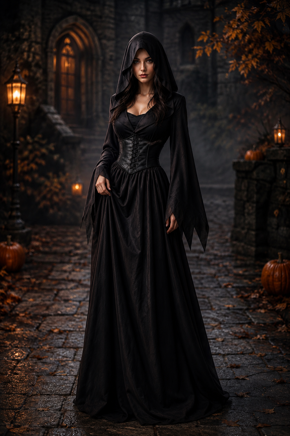 front view of black vampire costume dress with lace-up corset and hooded cloak