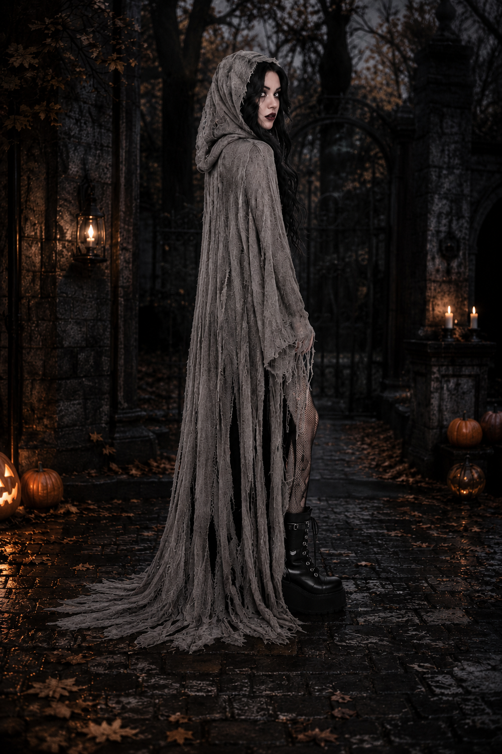 Side view of frayed gray hooded cloak with fishnet tights and combat boots