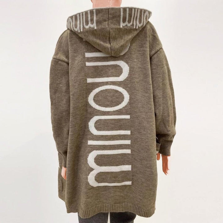 Back view of olive green longline hooded cardigan with graphic knit text