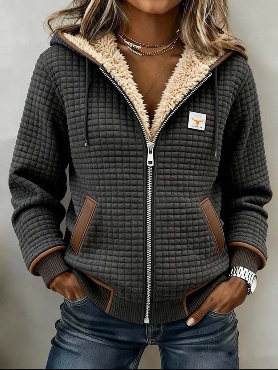 gray quilted zip-up hoodie jacket with sherpa-lined hood and faux leather trim