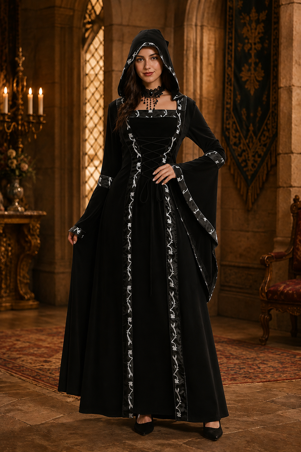 Black hooded velvet medieval gown with embroidered trim and lace-up front