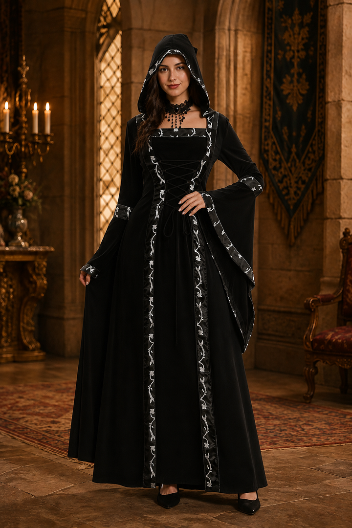 Black hooded velvet medieval gown with embroidered trim and lace-up front