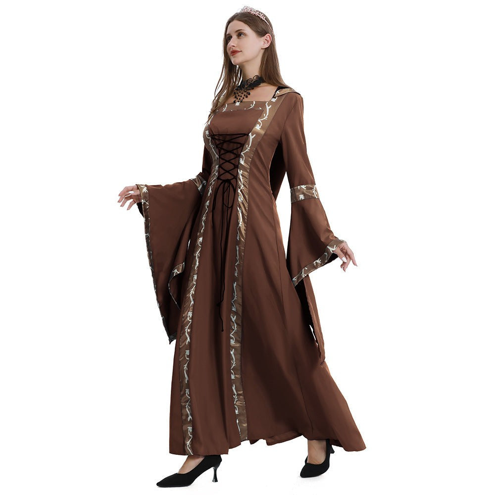 Brown medieval hooded dress featuring bell sleeves and lace-up bodice