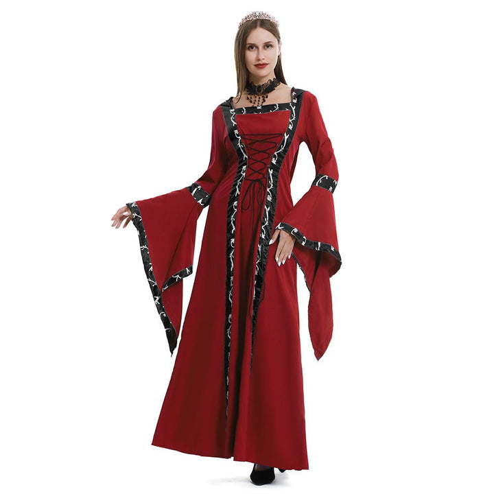 Red medieval gown with lace-up corset and flowing bell sleeves
