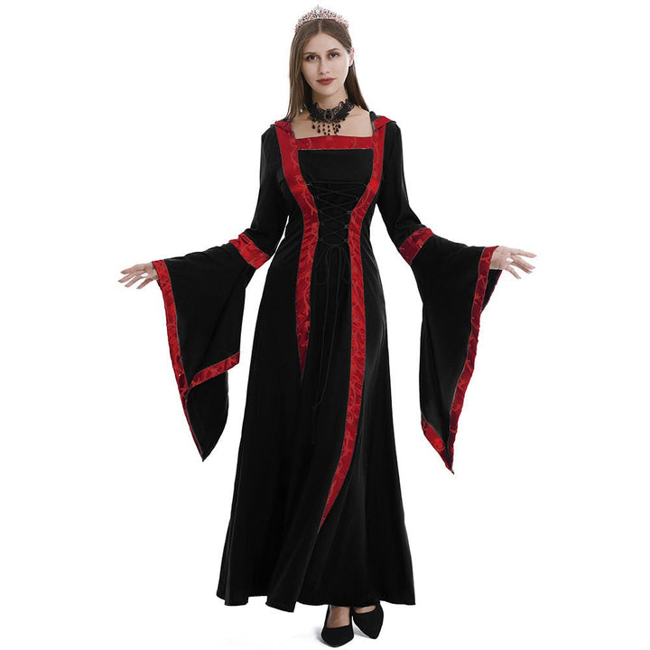 Black medieval hooded dress accented with red trim and bell sleeves