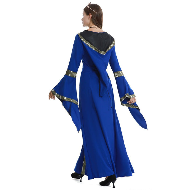 Back view of royal blue medieval dress showing hood and bell sleeves