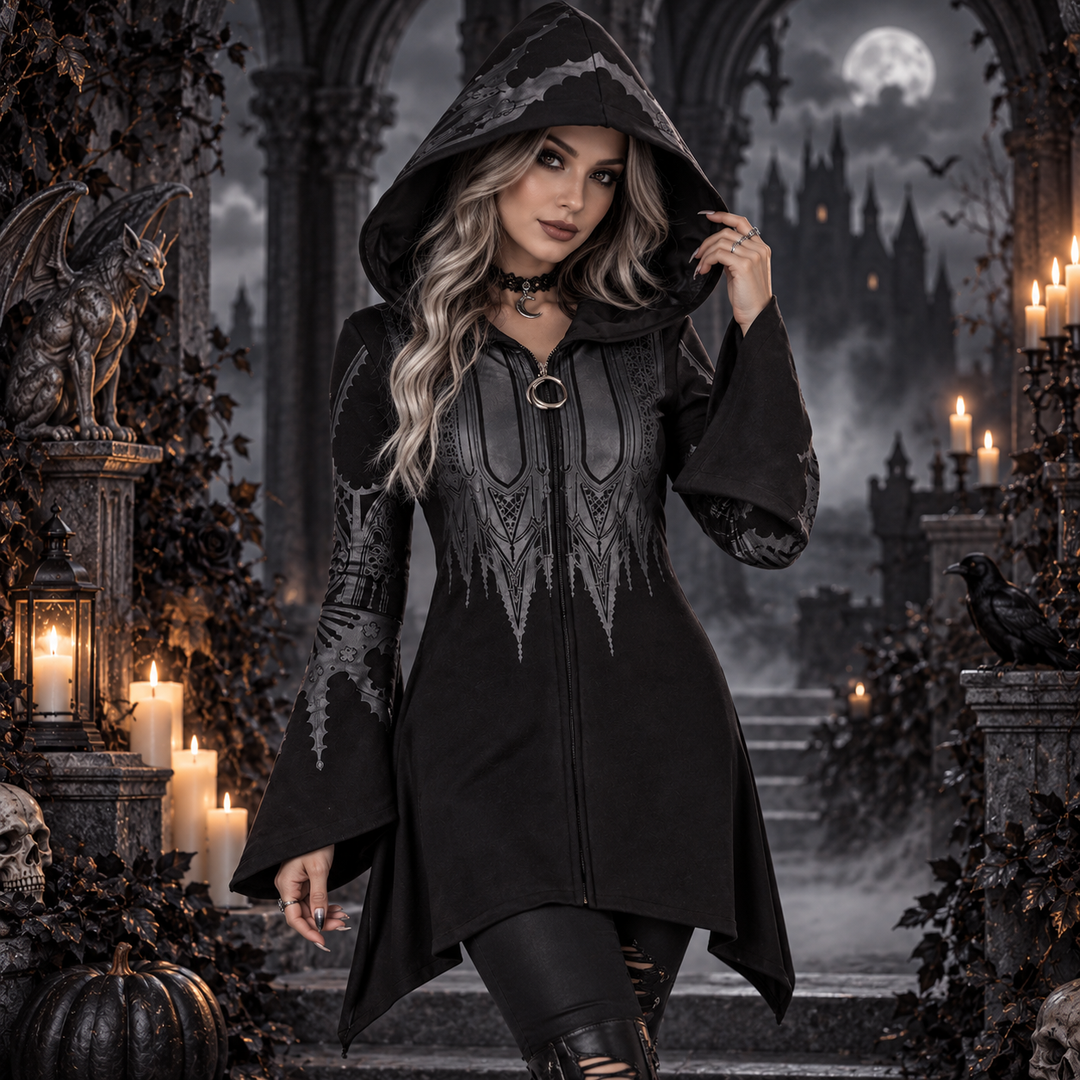 Woman wearing black gothic hooded coat with moon zipper charm and flared sleeves