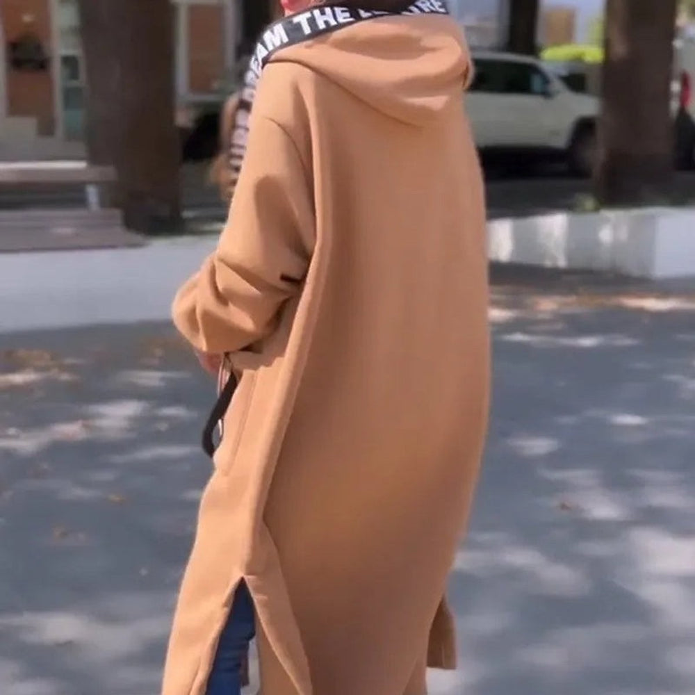 Back view of camel longline zip-up hoodie coat with side slits