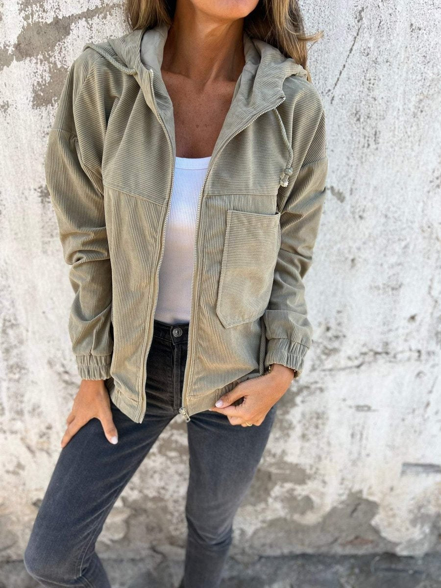 Olive green corduroy hooded zip-up jacket with front patch pocket, oversized style