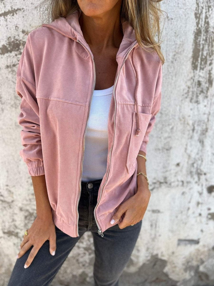 Blush pink corduroy hooded zip-up jacket with drawstring hood, relaxed fit
