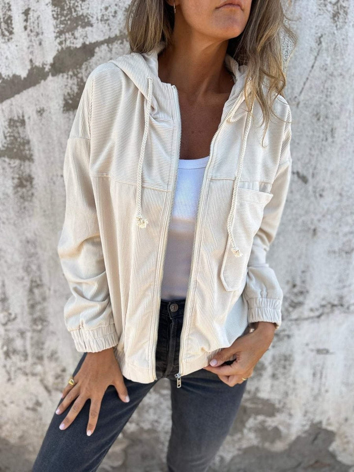 Cream corduroy hooded zip-up jacket with drawstring hood, oversized casual style