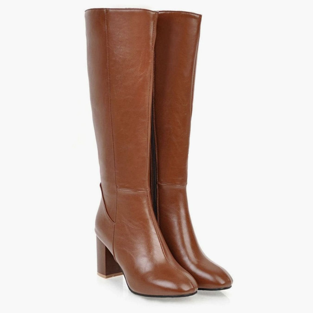 Cognac leather knee-high boots with chunky block heel and side zip
