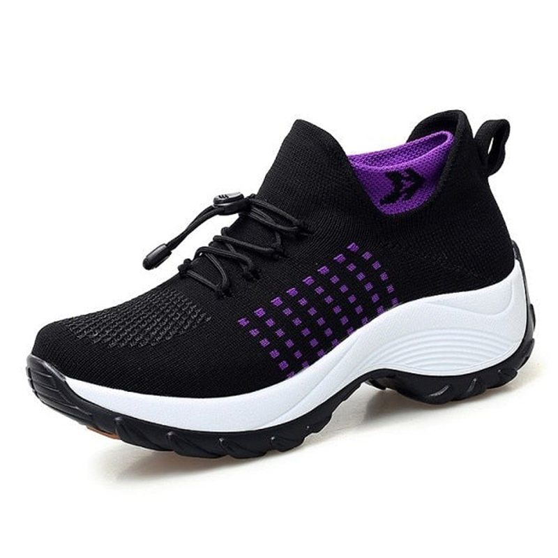black and purple knit sneakers with chunky white platform sole