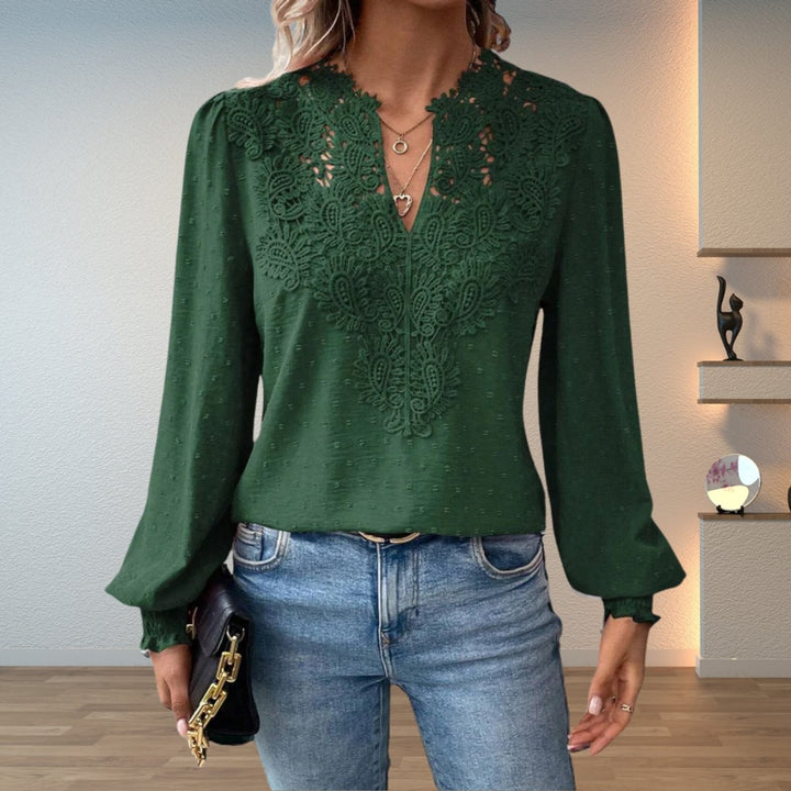 Dark green crochet lace V-neck blouse with long balloon sleeves