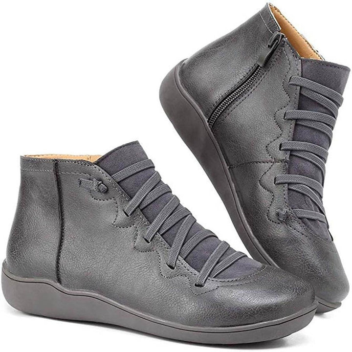 Gray leather ankle boots with lace-up front and side zipper design