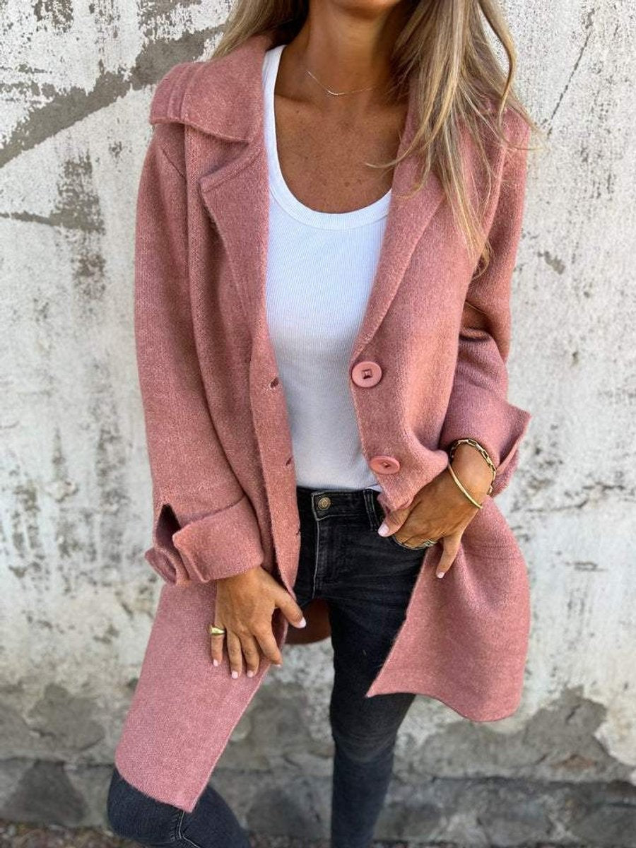 dusty pink longline button-up coat with lapel collar over white tank