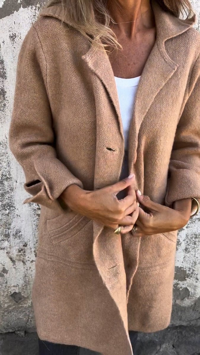 camel beige longline coat with lapel collar and front pockets