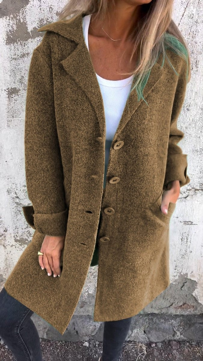 camel brown relaxed-fit coat with notched lapel and button front