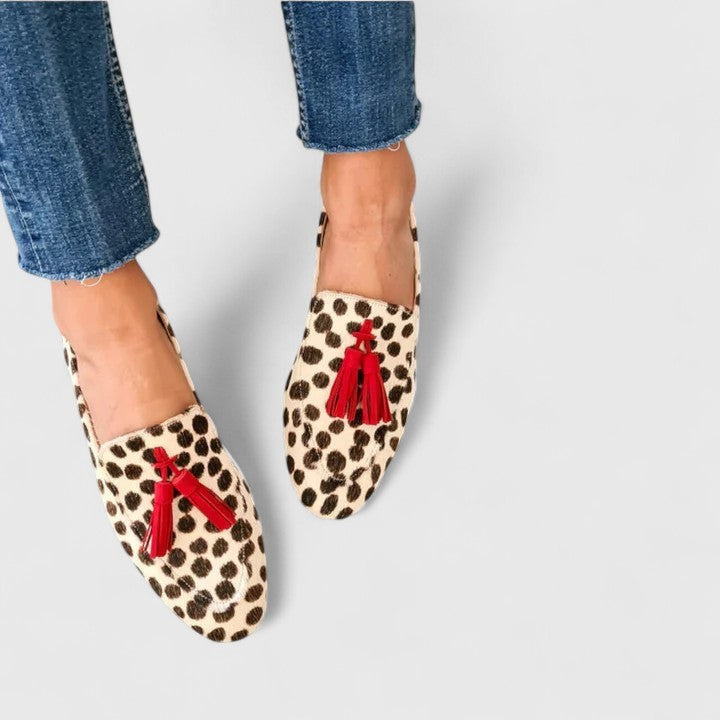 Leopard-print calf hair orthopedic loafers with red tassel detail