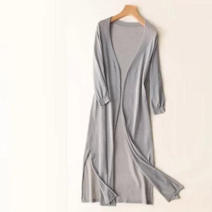 gray lightweight open-front long knit cardigan with three-quarter sleeves