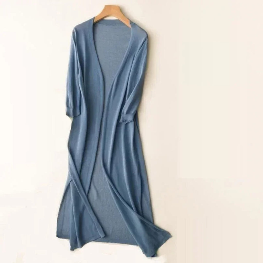dusty blue lightweight long knit cardigan with soft draped front