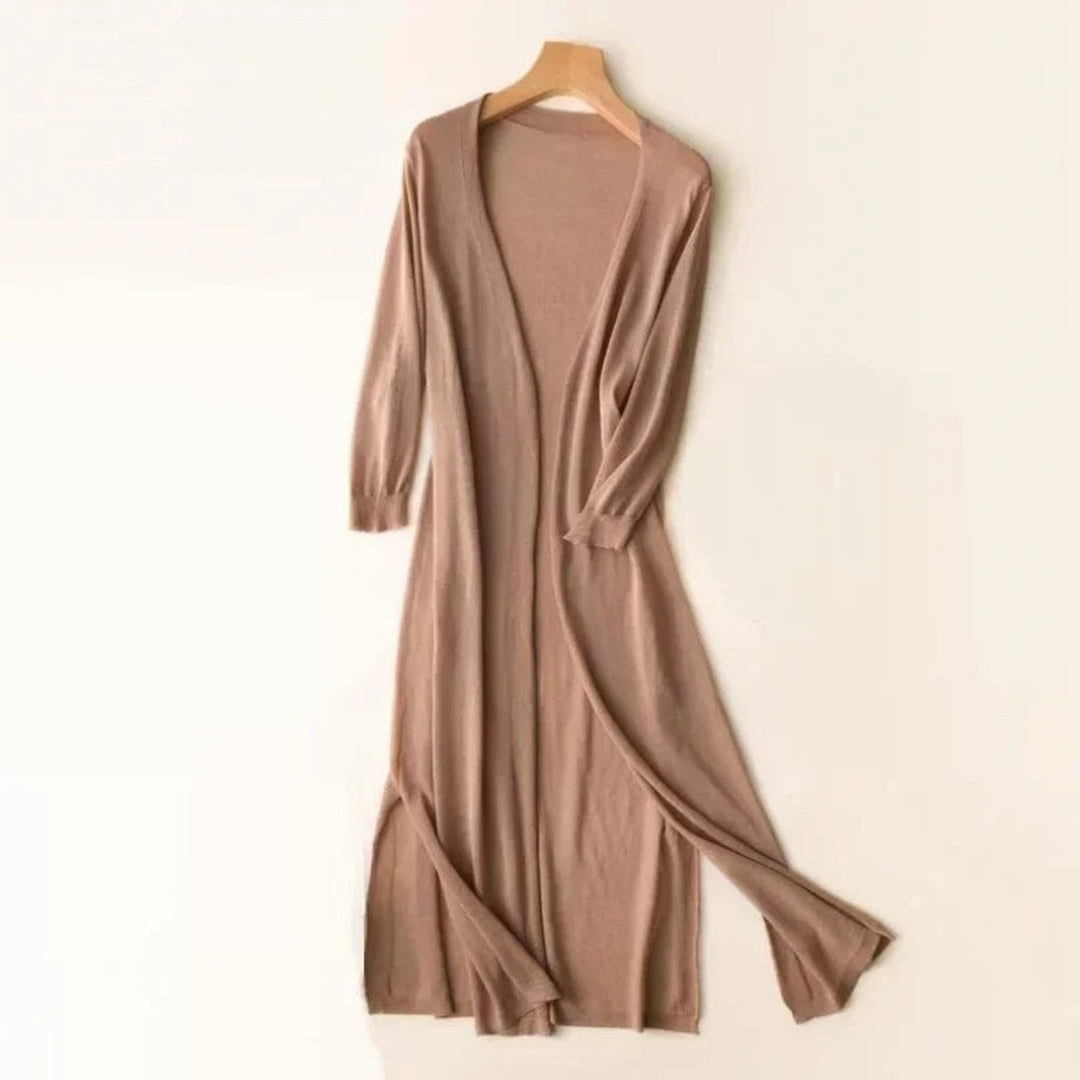 taupe open-front long knit cardigan with three-quarter sleeves