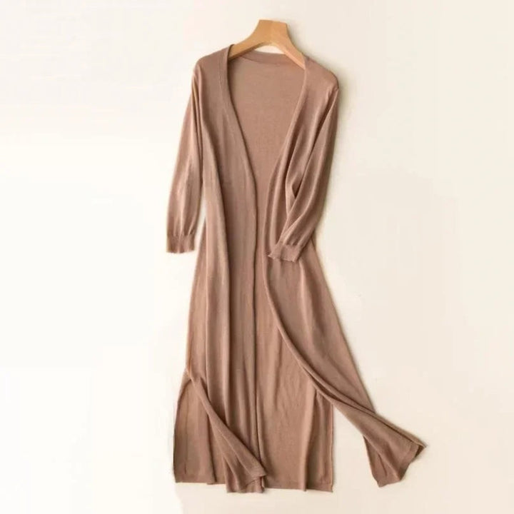 taupe open-front long knit cardigan with three-quarter sleeves
